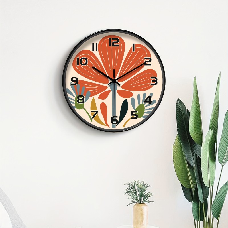 Silent Round Plastic Japanese-Quartz Flower Wall Clock - Modern Abstract Art Design Decorative Non-Ticking Floral Theme for Living Room, Bedroom, Kitchen, Office - AA Battery Not Included