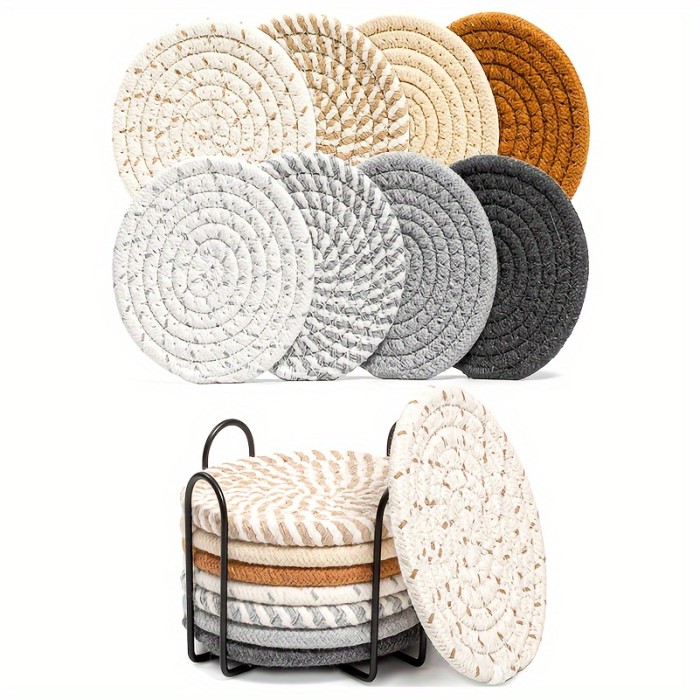 Absorbent Beverage Coaster Set with Stand, Minimalist Woven Coasters for Coffee Table, Home Decor and Tabletop Protection, 4pcs\u002F8pcs, Coaster Set