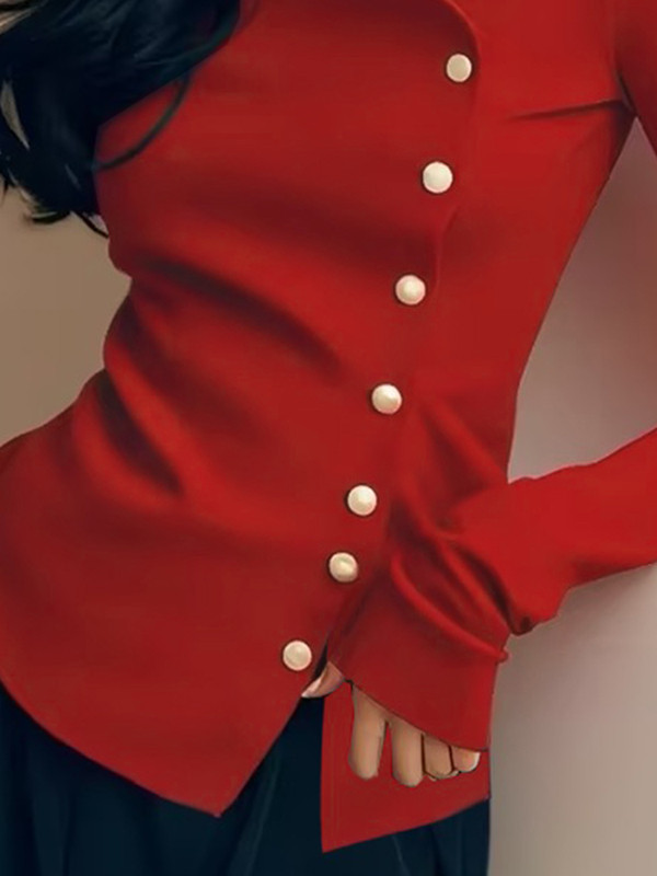 Long Sleeves Skinny Buttoned Pleated Solid Color T-Shirts Tops