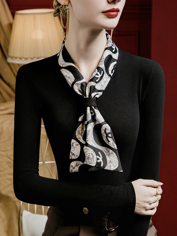 Long Sleeves Plus Size Printed Tied V-Neck T-Shirts Tops