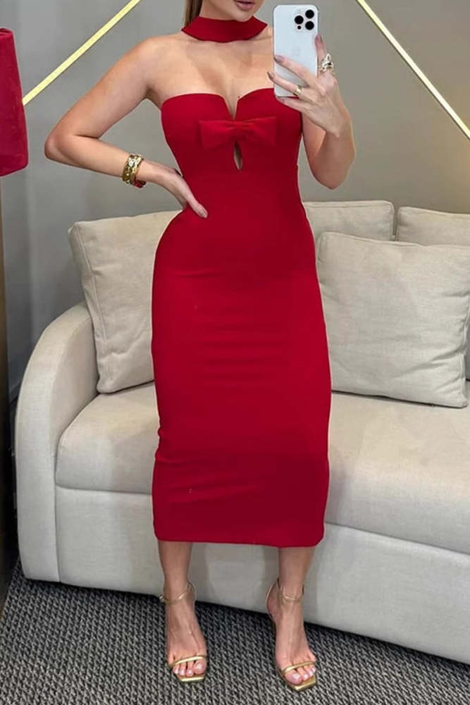 Sexy Bow Decor Halter One Step Skirt Dresses