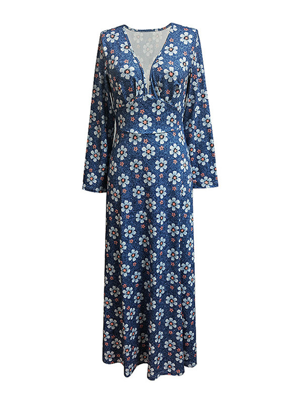 A-Line Long Sleeves Flower Print Split-Joint Deep V-Neck Maxi Dresses