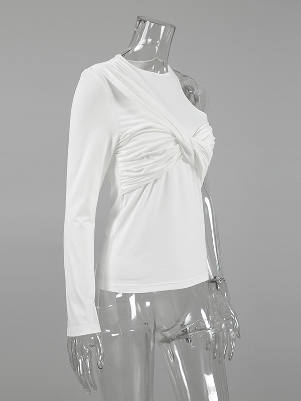 Long Sleeves Skinny Asymmetric Knot Pleated Solid Color Round-Neck T-Shirts Tops