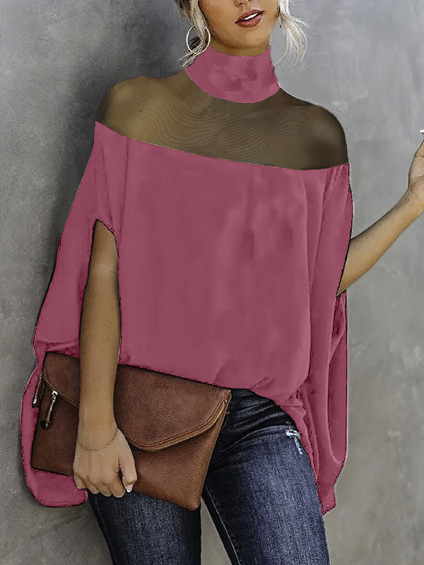 Batwing Sleeves See-Through High-Neck Blouses&Shirts Tops