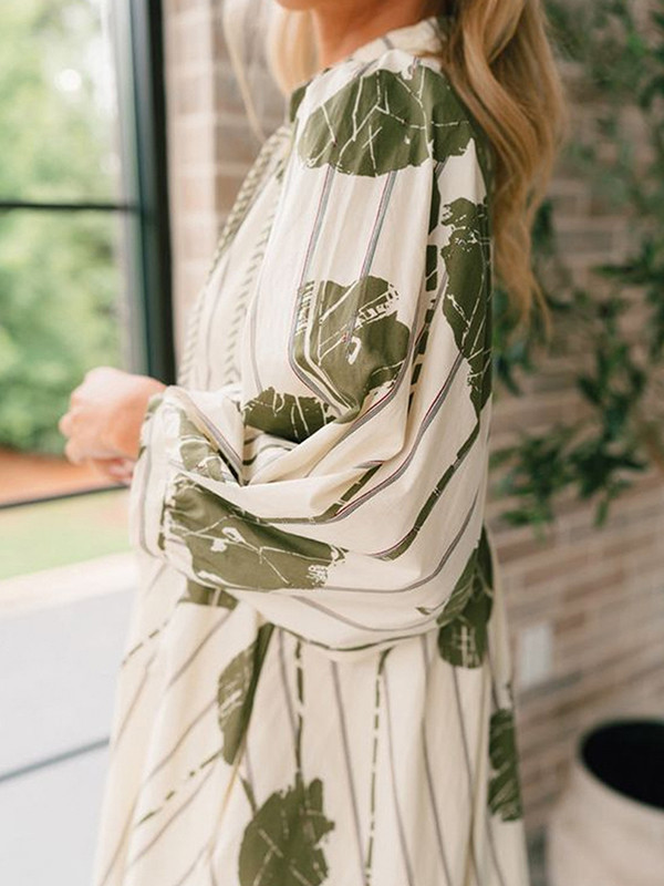 High Waisted Long Sleeves Printed Tied V-Neck Mini Dresses