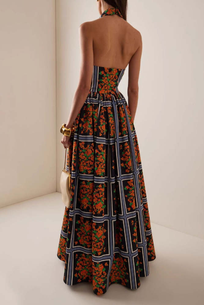 Elegant Floral Print Contrast Halter One Step Skirt Dresses