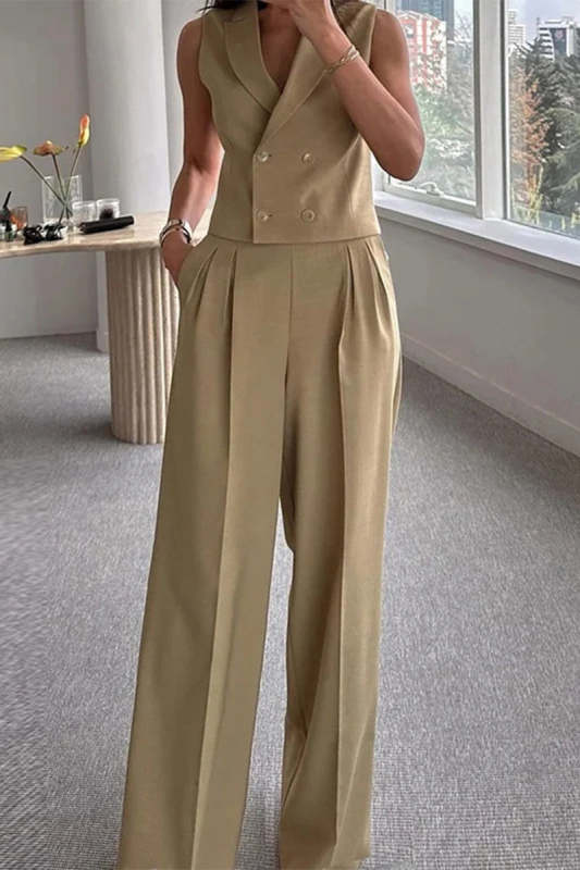 Casual Pocket Ruched Turn-back Collar Sleeveless Two Pieces