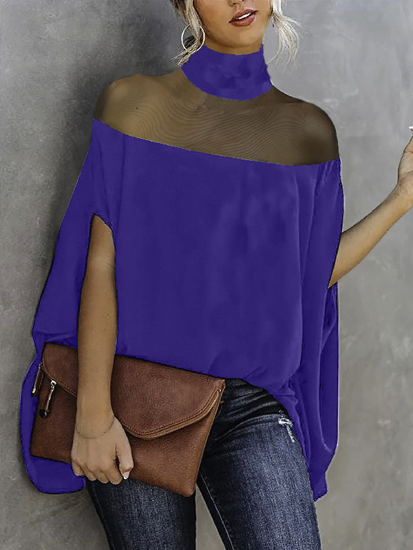 Batwing Sleeves See-Through High-Neck Blouses&Shirts Tops