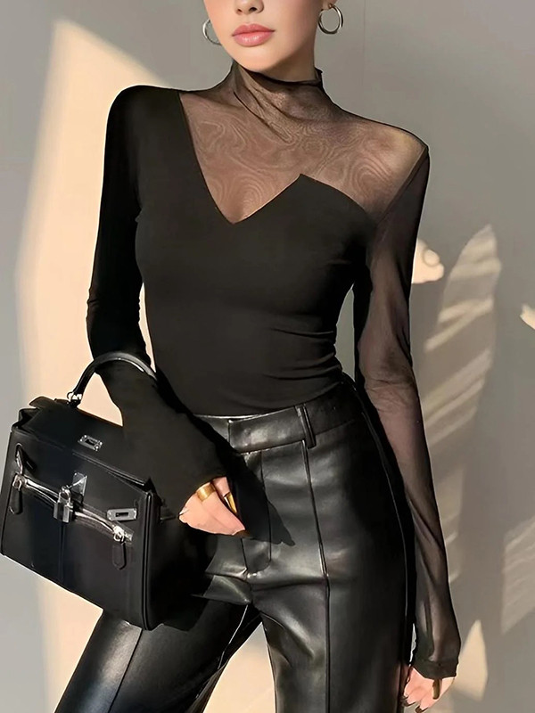 Long Sleeves Skinny Asymmetric Solid Color Split-Joint High Neck T-Shirts Tops