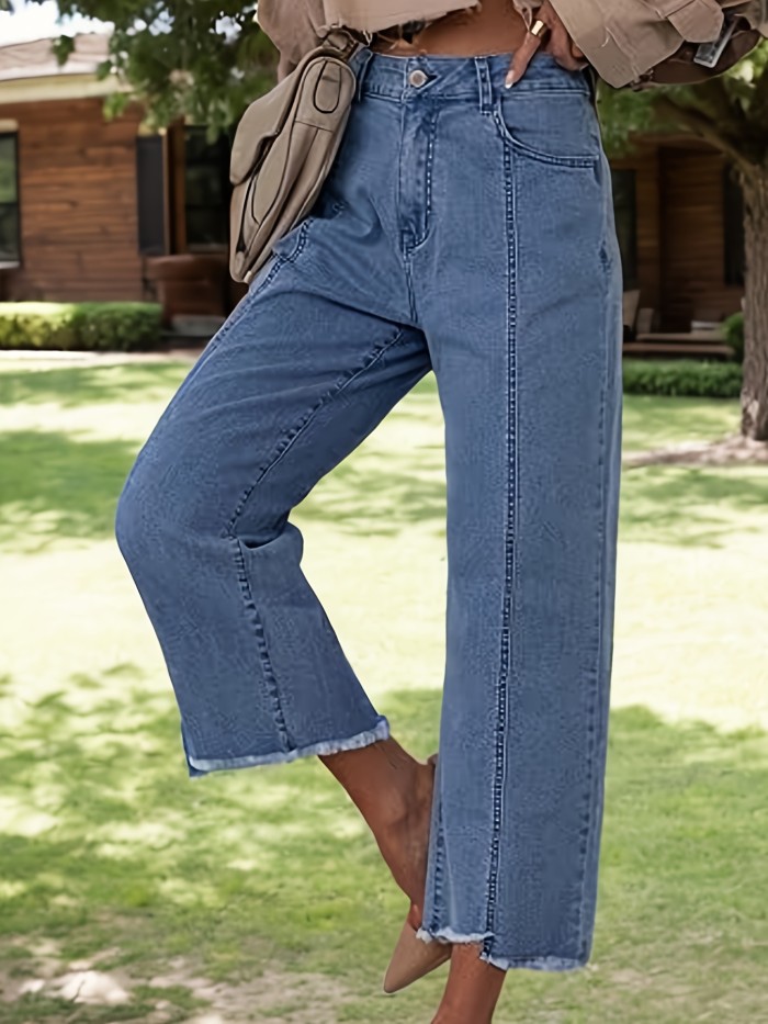Women's High-Waisted Cropped Straight-Leg Jeans - Casual Light Blue Denim with Raw Hem, Comfortable Blend, Machine Washable