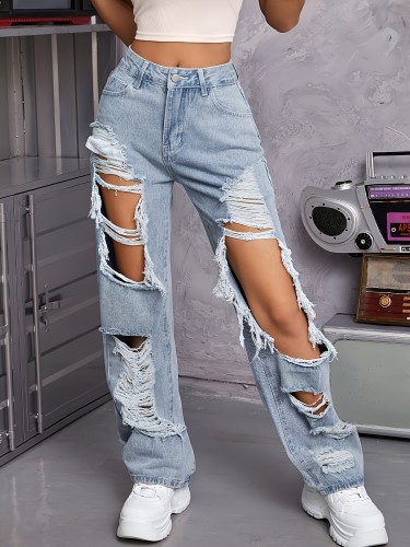 Women's High-Waisted Vintage Ripped Jeans - Casual Baggy Light Blue Denim with Distressed Details, Comfortable Street Fashion Style
