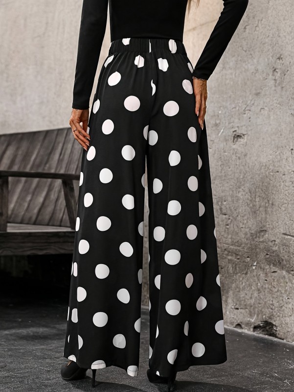 1pc Women'S Polka Dot Print Casual Wide Leg Pants, Polyester Fabric, Long Length, Suitable for Spring\u002FSummer\u002FAutumn, Fashionable Vacation Style, Adult - Black and White