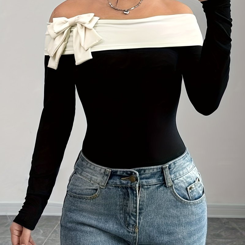 Women's Elegant Off-Shoulder Color Block Bodysuit with Bow Detail - Long Sleeve, Stretch Fit, Polyester Blend for Spring\u002FFall, Black & White Two-Tone Design
