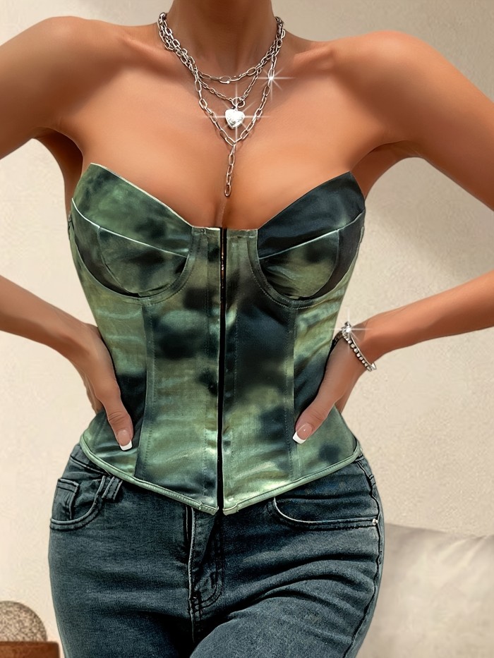 Figure Print Tube Top, Sexy Strapless Slim Fit Crop Top for Spring & Summer, Women's Clothing, French Style, Fishbone Lace, Exposed Back