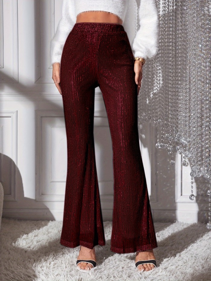 Elegant Maroon Sequined High-Waist Flare Pants - Stretchy & Comfortable Knit Bell Bottoms with Elastic Waistband, Machine Washable - Chic All-Season Women's Fashion, Versatile Fashion Pants|Chic Bellbottoms|Spandex Mix Pants