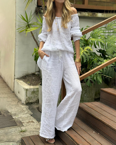 Casual Solid Shoulder Top & Pants Two-Piece Set