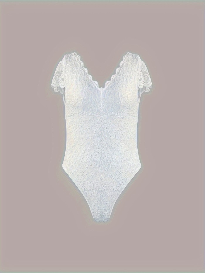 Floral Lace Shaping Bodysuit, Sexy Scallop Trim V Neck Slimming Body Shaper, Women's Underwear & Shapewear