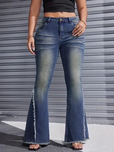 Wash Blue With Beard Trim Raw Hem Flares Street Style Jeans Women'S Jeans And Apparel