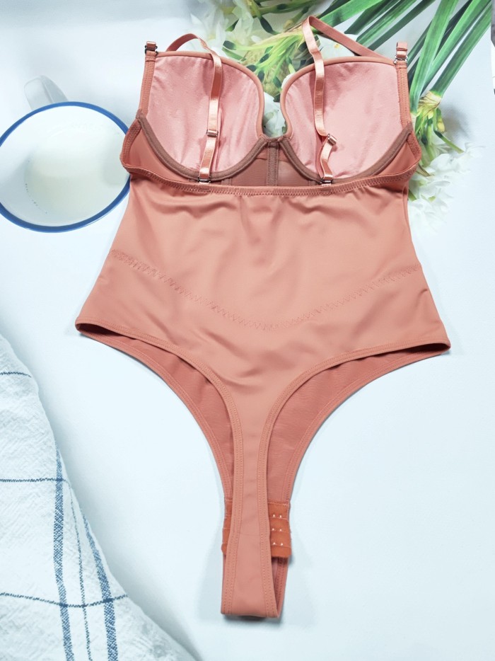 Solid Plunge Neck Shaping Bodysuit, Tummy Control Waist Trainer Slimmer Thong Body Shaper, Women's Underwear & Shapewear