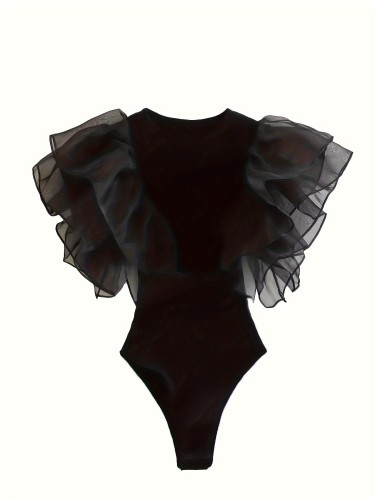 Women'S Sexy Solid Color Bodysuit with Contrast Mesh Short Sleeves, Crew Neck, Knit Fabric, Polyester 95% Spandex 5%, All-Season Regular Length