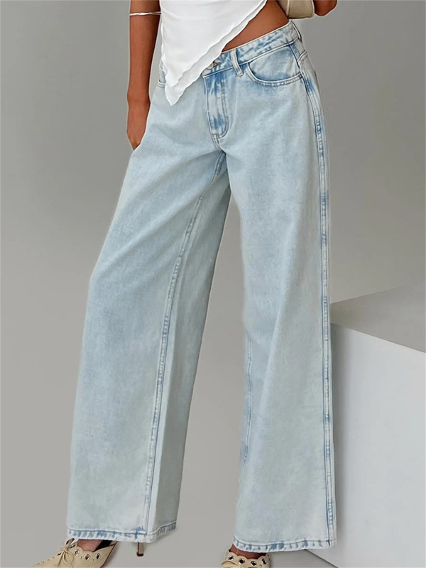 Allseason Wear Women's Stylish Light Blue Wide-Leg Jeans - Casual Low Waist with Pockets, Non-Stretch Polyester Denim, Machine Washable, Perfect for All Seasons
