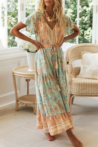 Fashion Vacation Print Patchwork V Neck Printed Dresses