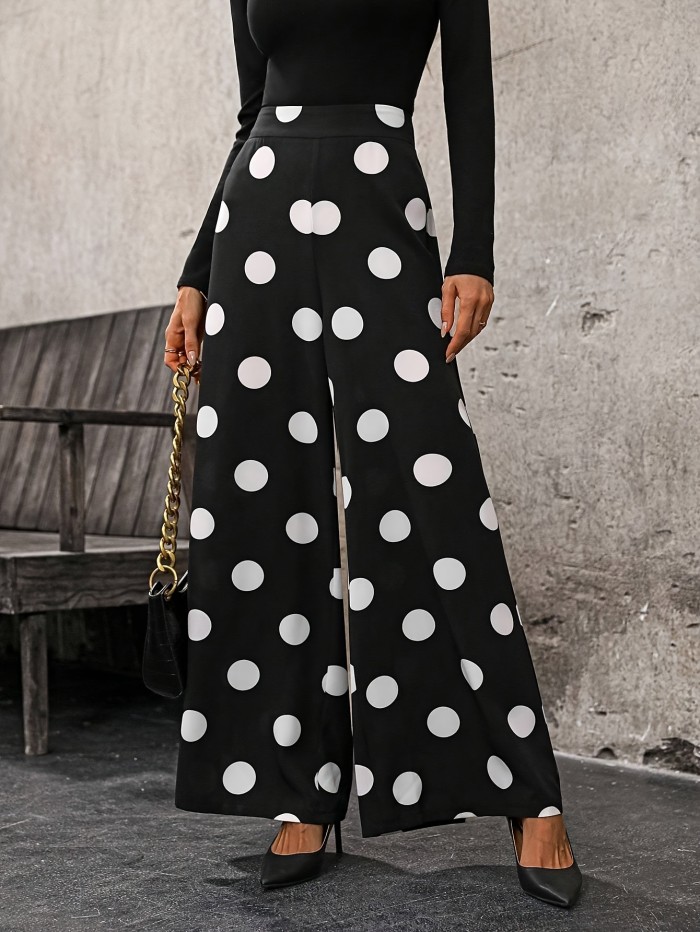 1pc Women'S Polka Dot Print Casual Wide Leg Pants, Polyester Fabric, Long Length, Suitable for Spring\u002FSummer\u002FAutumn, Fashionable Vacation Style, Adult - Black and White