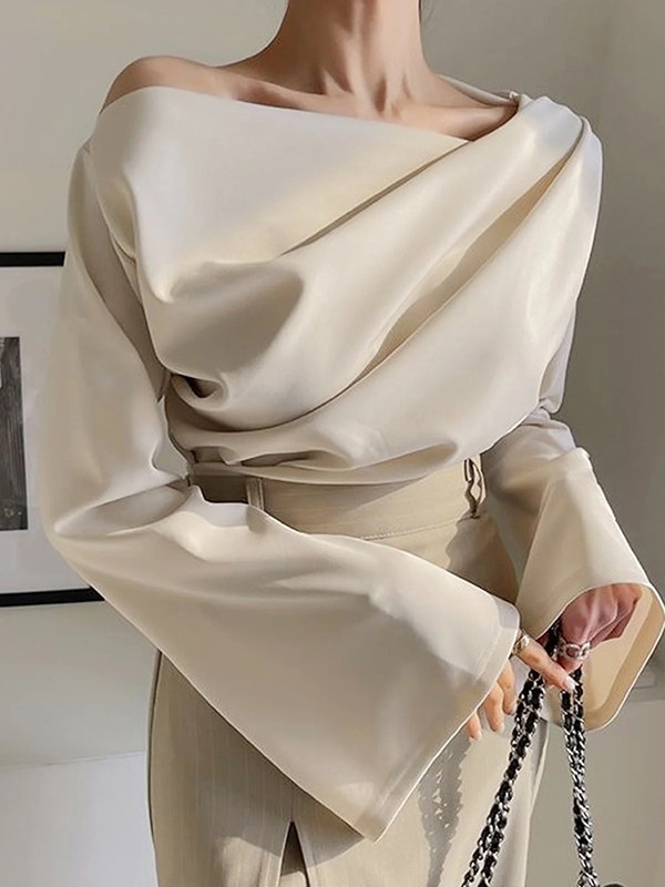 Flared Sleeves Long Sleeves Pleated Solid Color Boat Neck T-Shirts Tops