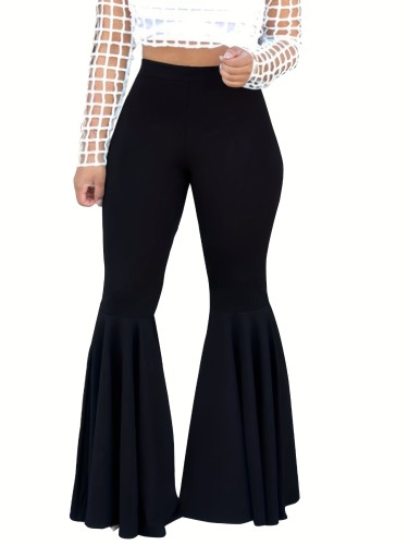 Plus Size Casual Pants, Women's Plus Solid High Rise Skinny High Stretch Flared Leg Pants