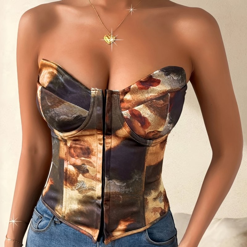 Figure Print Tube Top, Sexy Strapless Slim Fit Crop Top for Spring & Summer, Women's Clothing, French Style, Fishbone Lace, Exposed Back