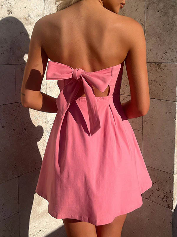Backless Pleated Solid Color Split-Joint Tied A-line Loose Tube Mini Dresses