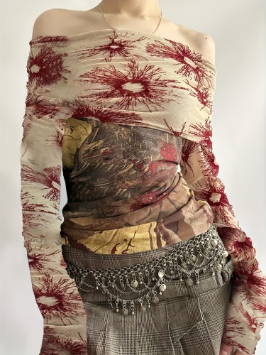 Elegant Vintage Floral Print Off-Shoulder Blouse with Sheer Sleeves, Polyester Blend - Machine Washable, Perfect for Spring\u002FSummer Fashion, Occasion Fashion|Vintage Floral Blouse|Stretchable Fabric