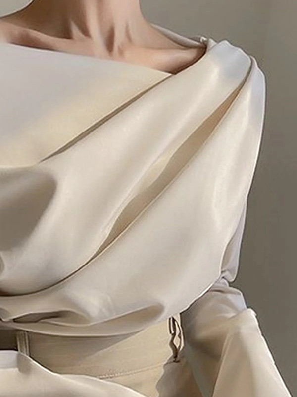 Flared Sleeves Long Sleeves Pleated Solid Color Boat Neck T-Shirts Tops