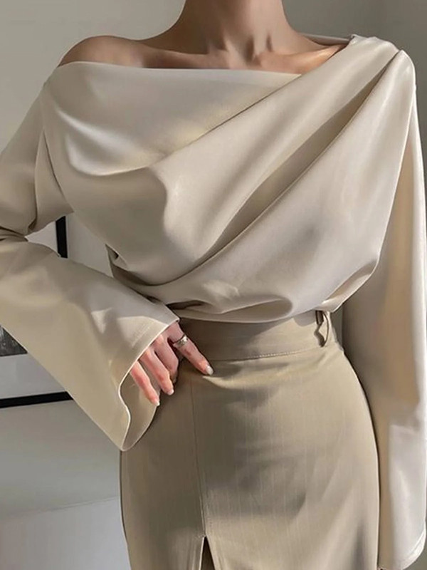 Flared Sleeves Long Sleeves Pleated Solid Color Boat Neck T-Shirts Tops