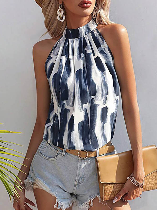 Contrast Color Hollow Pleated Loose Sleeveless Halter-Neck Vest Top
