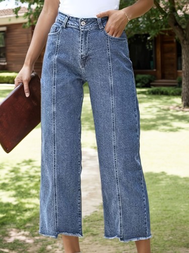 Women's High-Waisted Cropped Straight-Leg Jeans - Casual Light Blue Denim with Raw Hem, Comfortable Blend, Machine Washable