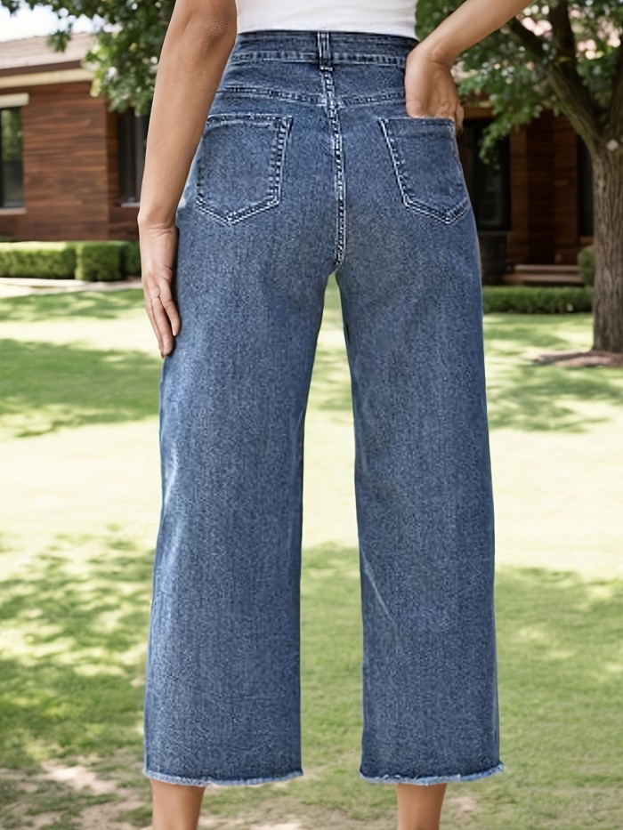 Women's High-Waisted Cropped Straight-Leg Jeans - Casual Light Blue Denim with Raw Hem, Comfortable Blend, Machine Washable