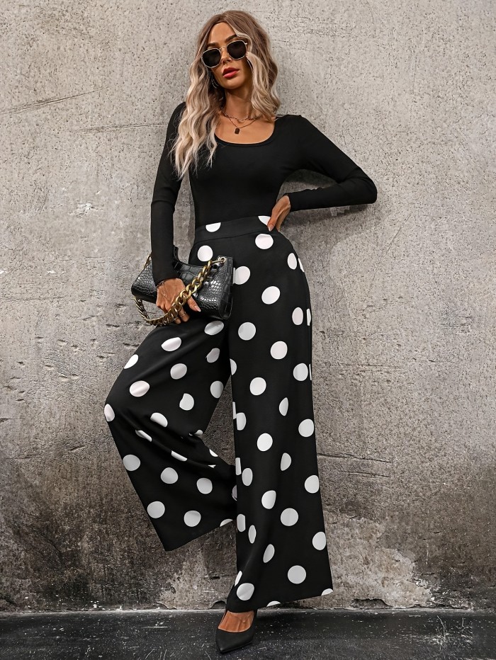 1pc Women'S Polka Dot Print Casual Wide Leg Pants, Polyester Fabric, Long Length, Suitable for Spring\u002FSummer\u002FAutumn, Fashionable Vacation Style, Adult - Black and White