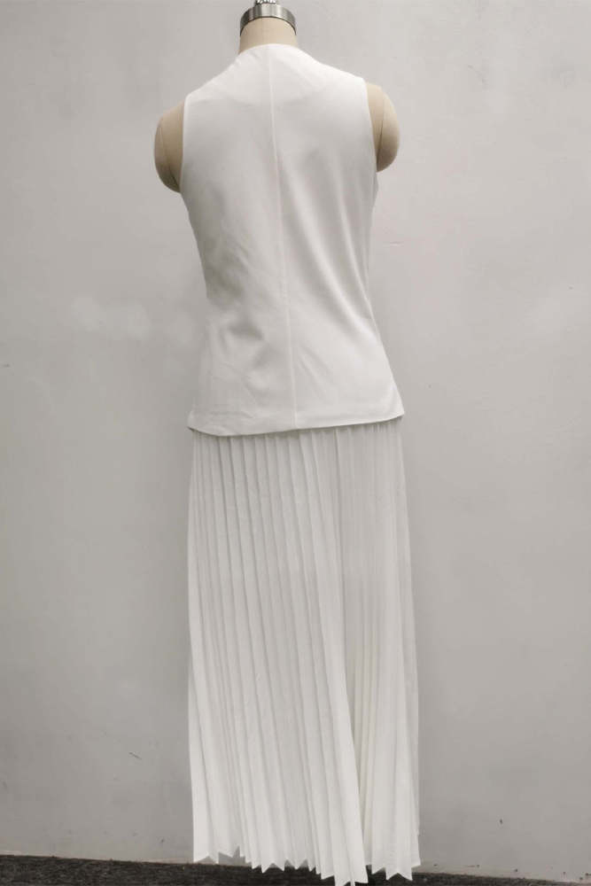 Daily Elegant Solid Color Buttons Pleated V Neck Sleeveless Two Pieces(4 Colors)