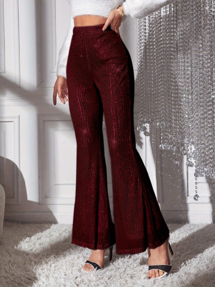 Elegant Maroon Sequined High-Waist Flare Pants - Stretchy & Comfortable Knit Bell Bottoms with Elastic Waistband, Machine Washable - Chic All-Season Women's Fashion, Versatile Fashion Pants|Chic Bellbottoms|Spandex Mix Pants