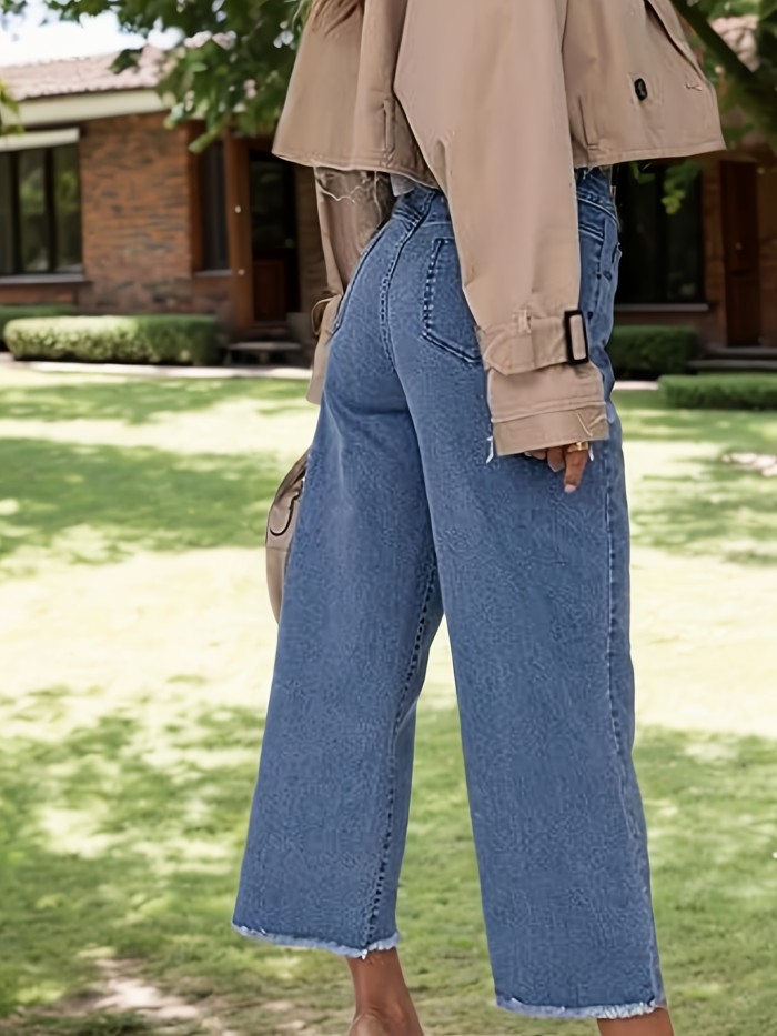 Women's High-Waisted Cropped Straight-Leg Jeans - Casual Light Blue Denim with Raw Hem, Comfortable Blend, Machine Washable