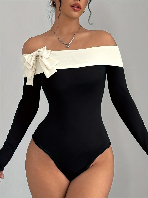 Women's Elegant Off-Shoulder Color Block Bodysuit with Bow Detail - Long Sleeve, Stretch Fit, Polyester Blend for Spring\u002FFall, Black & White Two-Tone Design