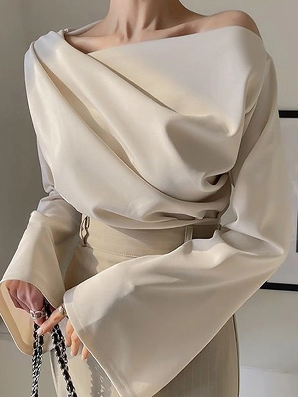 Flared Sleeves Long Sleeves Pleated Solid Color Boat Neck T-Shirts Tops