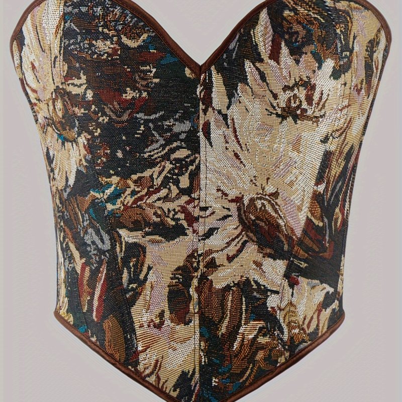 1pc Summer Short Tube Top Shapewear Vintage Oil Pain Style Print Back Lace-up Fishbone Support Waist Trainer Top