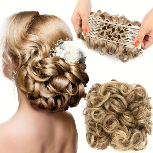 Elegant Blonde Messy Bun Hair Piece for Women - Voluminous Wavy Curly Scrunchie with Floral Accent, High-Temperature Synthetic Ponytail Extension, Perfect for Quick Styling Updos, Ponytail Hair Extensions