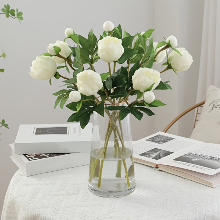 5pcs Realistic 2-Head Peony Artificial Flowers, Silk Paeonia Faux Floral, Perfect for Vase Arrangements, Home Living Room Tabletop Decor, Outdoor Garden, Wedding, Valentine'S Day, Birthday Party Gift, Spring Season Home Decor Without Container