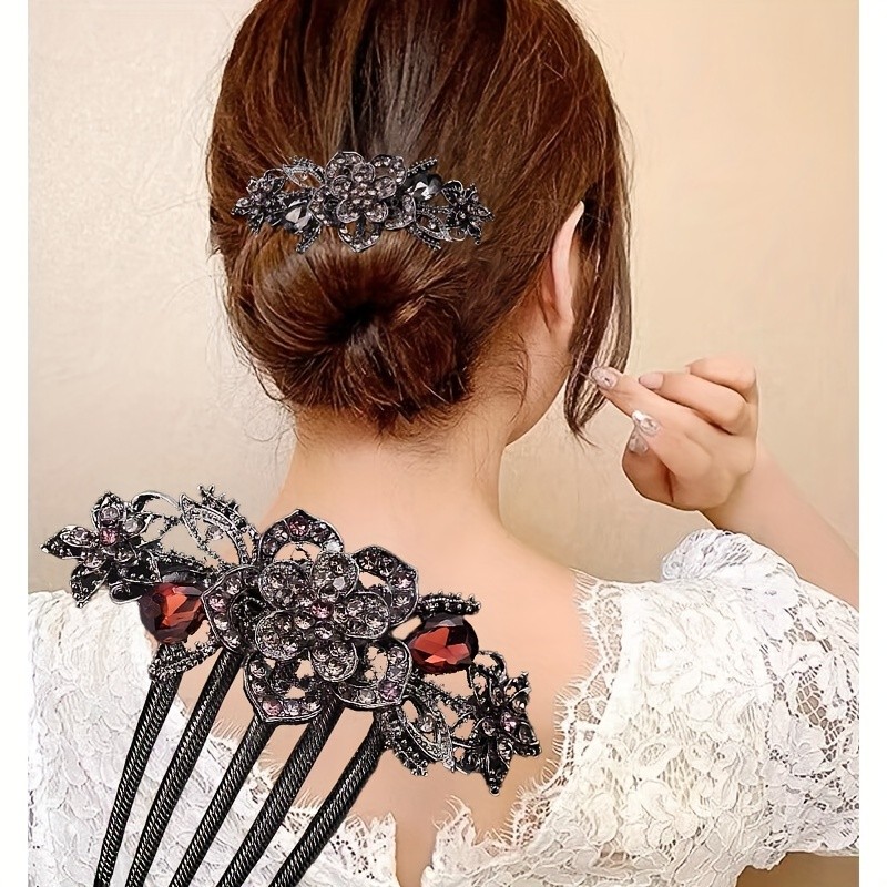 Elegant Korean Vintage Hair Claw with Rhinestones, 5-Prong Updo Comb, Floral Hair Accessory, Zinc Alloy Hair Clip for Women, Wavy Texture, Fragrance-Free, Long Hair Style, Essential for Work, Commute, Parties, Shopping, Travel