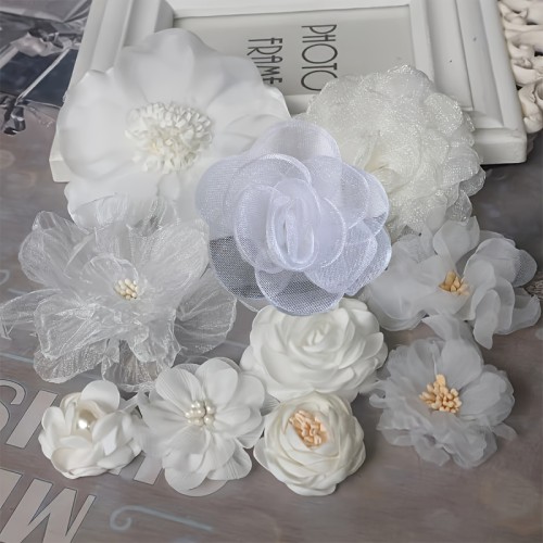 10pcs of White Series Mixed Style Chiffon Fabric Floral Wedding Artificial Flower Dress Hat Decorations