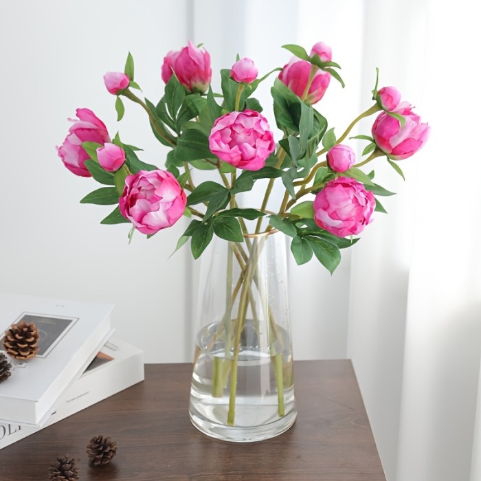 5pcs Realistic 2-Head Peony Artificial Flowers, Silk Paeonia Faux Floral, Perfect for Vase Arrangements, Home Living Room Tabletop Decor, Outdoor Garden, Wedding, Valentine'S Day, Birthday Party Gift, Spring Season Home Decor Without Container