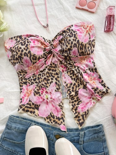 Stretchy Polyester Off-Shoulder Print Top Women's Vacation-Ready Floral & Leopard Print Off-Shoulder Tank Top with Twist Detail - Stretchy Polyester Blend, Machine Washable, Front Slit, Festival